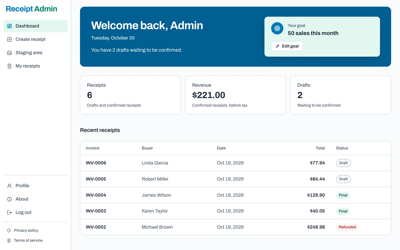 Receipt Admin dashboard showing total receipts, revenue, pending receipts and recent receipts